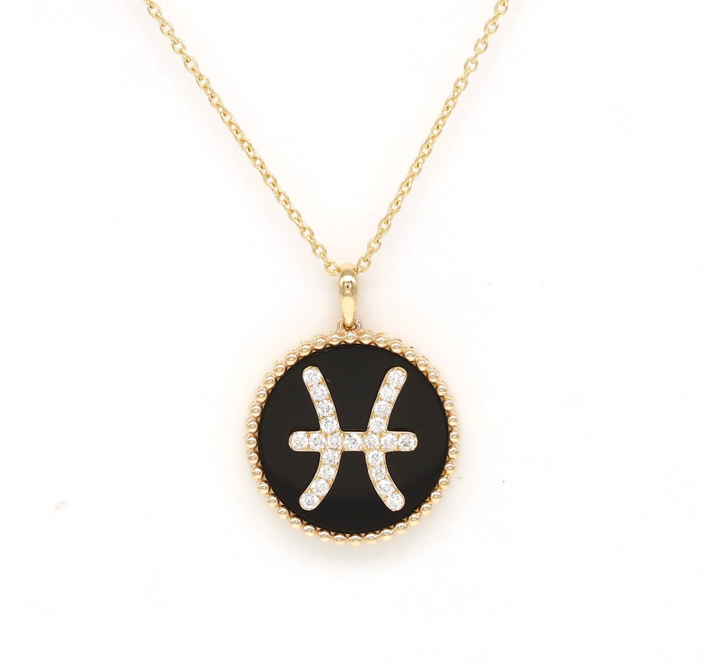 14K Gold Onyx & Diamond Pisces Zodiac Medallion