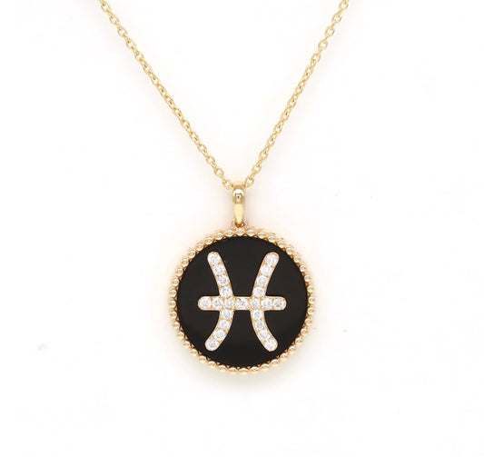 14K Gold Onyx & Diamond Pisces Zodiac Medallion