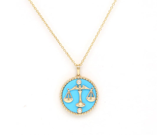 14K Gold Turquoise & Diamond Libra Horoscope Medallion