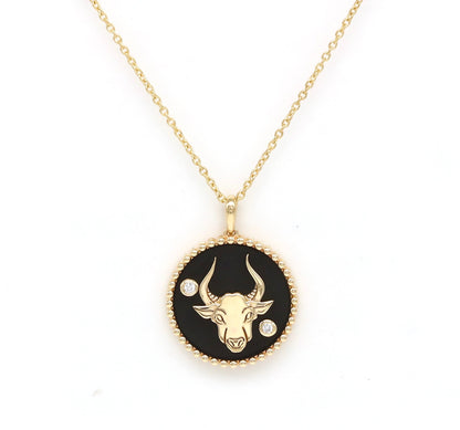 14K Gold Onyx & Diamond Taurus Horoscope Medallion