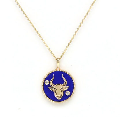 14K Gold Lapis & Diamond Taurus Horoscope Medallion