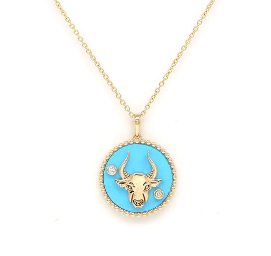 14K Gold Turquoise & Diamond Taurus Horoscope Medallion