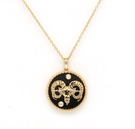 14K Gold Onyx & Diamond Aries Horoscope Medallion