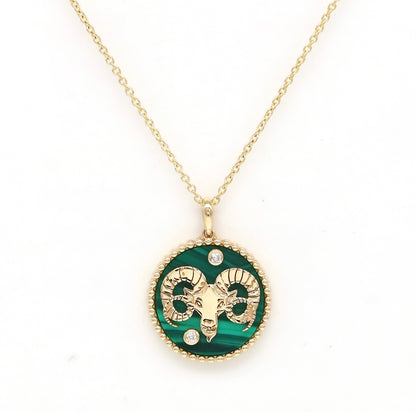 14K Gold Malachite & Diamond Aries Horoscope Medallion