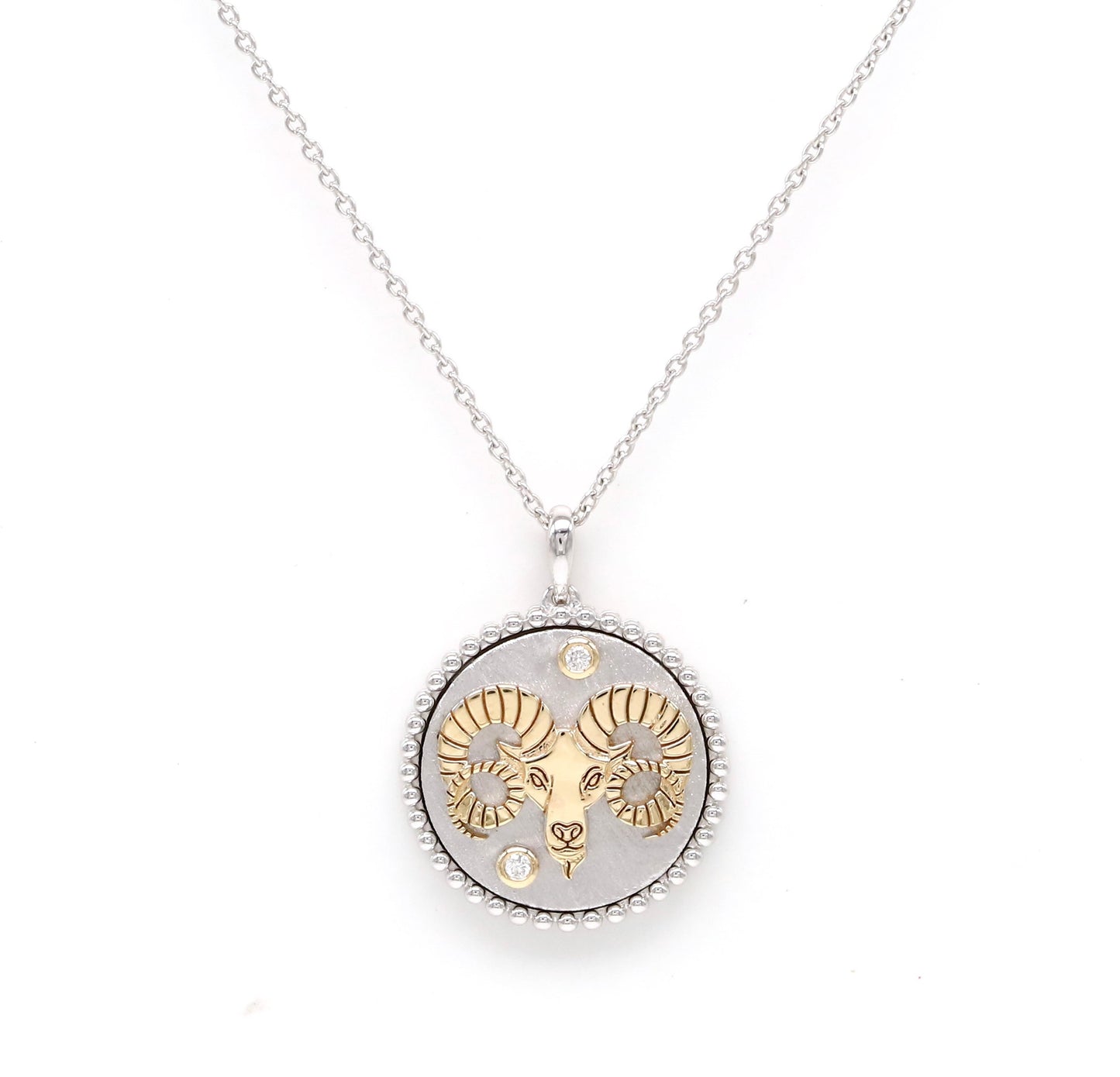 14K Two-toned Gold Pink Mother of Pearl & Diamond Aries Horoscope Medallion