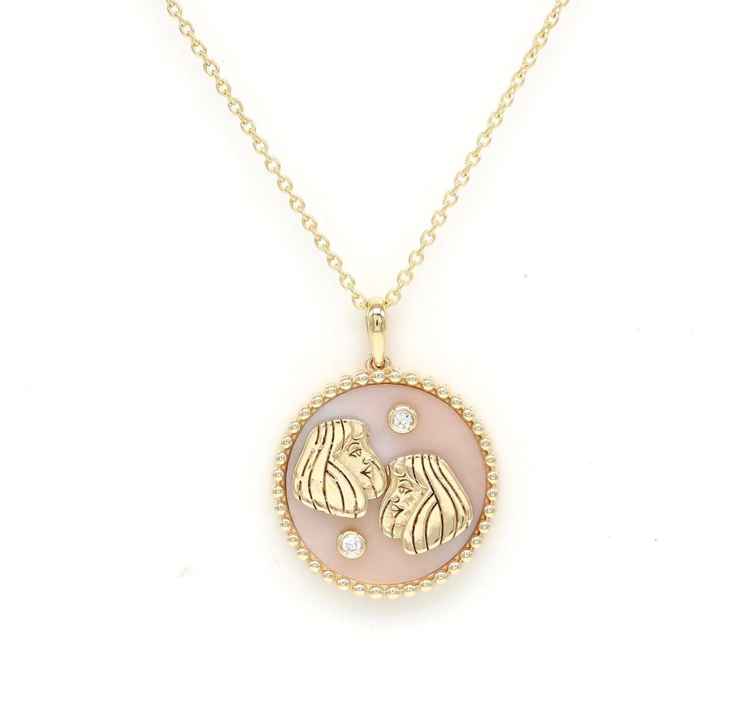 14K Gold Pink Mother of Pearl & Diamond Gemini Horoscope Medallion