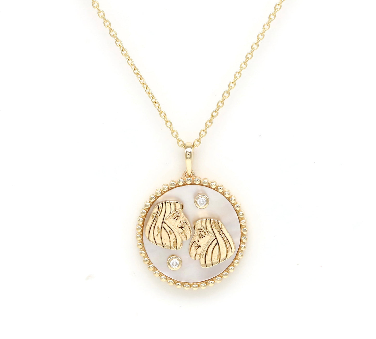 14K Gold Pink Mother of Pearl & Diamond Gemini Horoscope Medallion