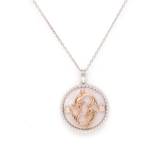 14K Two-toned Gold White Pink Mother of Pearl & Diamond Pisces Horoscope Medallion