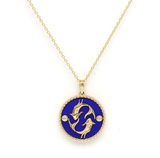 14K Gold Lapis & Diamond Pisces Horoscope Medallion