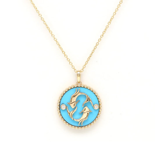 14K Gold Turquoise & Diamond Pisces Horoscope Medallion