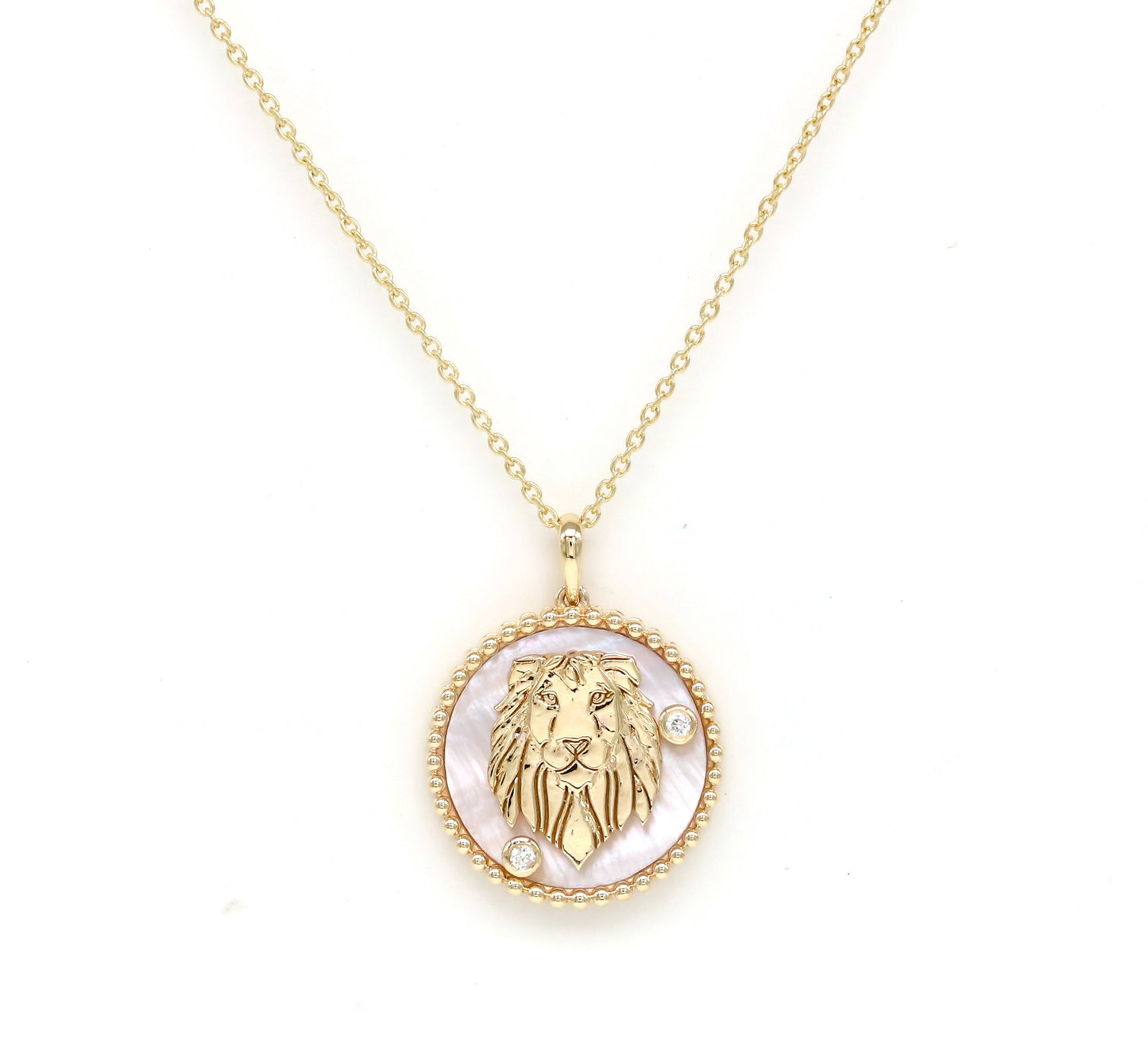 14K Gold Pink Mother of Pearl & Diamond Leo Horoscope Medallion