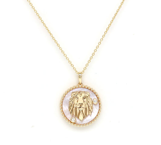 14K Gold Pink Mother of Pearl & Diamond Leo Horoscope Medallion