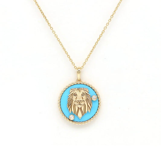 14K Gold Turquoise & Diamond Leo Horoscope Medallion