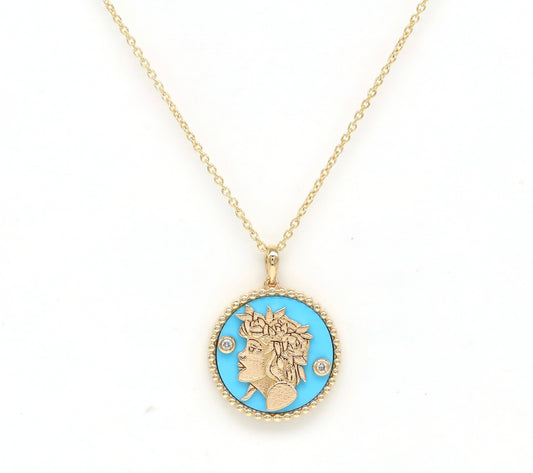 14K Gold Turquoise & Diamond Virgo Horoscope Medallion