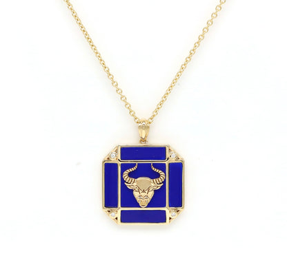 14K Gold Lapis & Diamond Taurus Horoscope Square Pendant Necklace