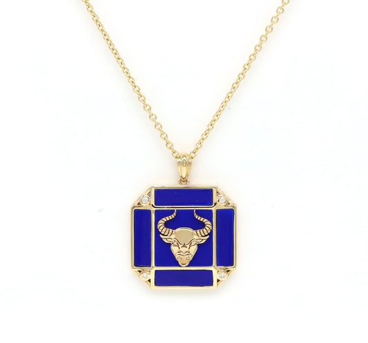 14K Gold Lapis & Diamond Taurus Horoscope Square Pendant Necklace