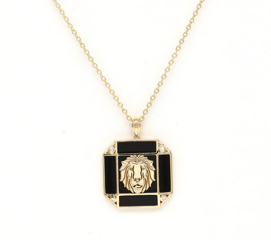 14K Onyx & Diamond Leo Horoscope Square Pendant Necklace