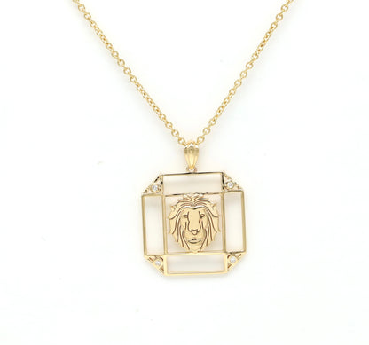 14K Gold & Diamond Leo Horoscope Square Pendant Necklace