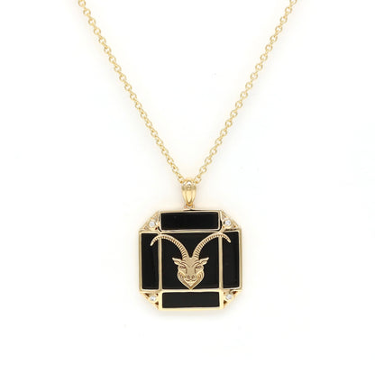 14K Gold Onyx & Diamond Capricorn Horoscope Square Pendant Necklace