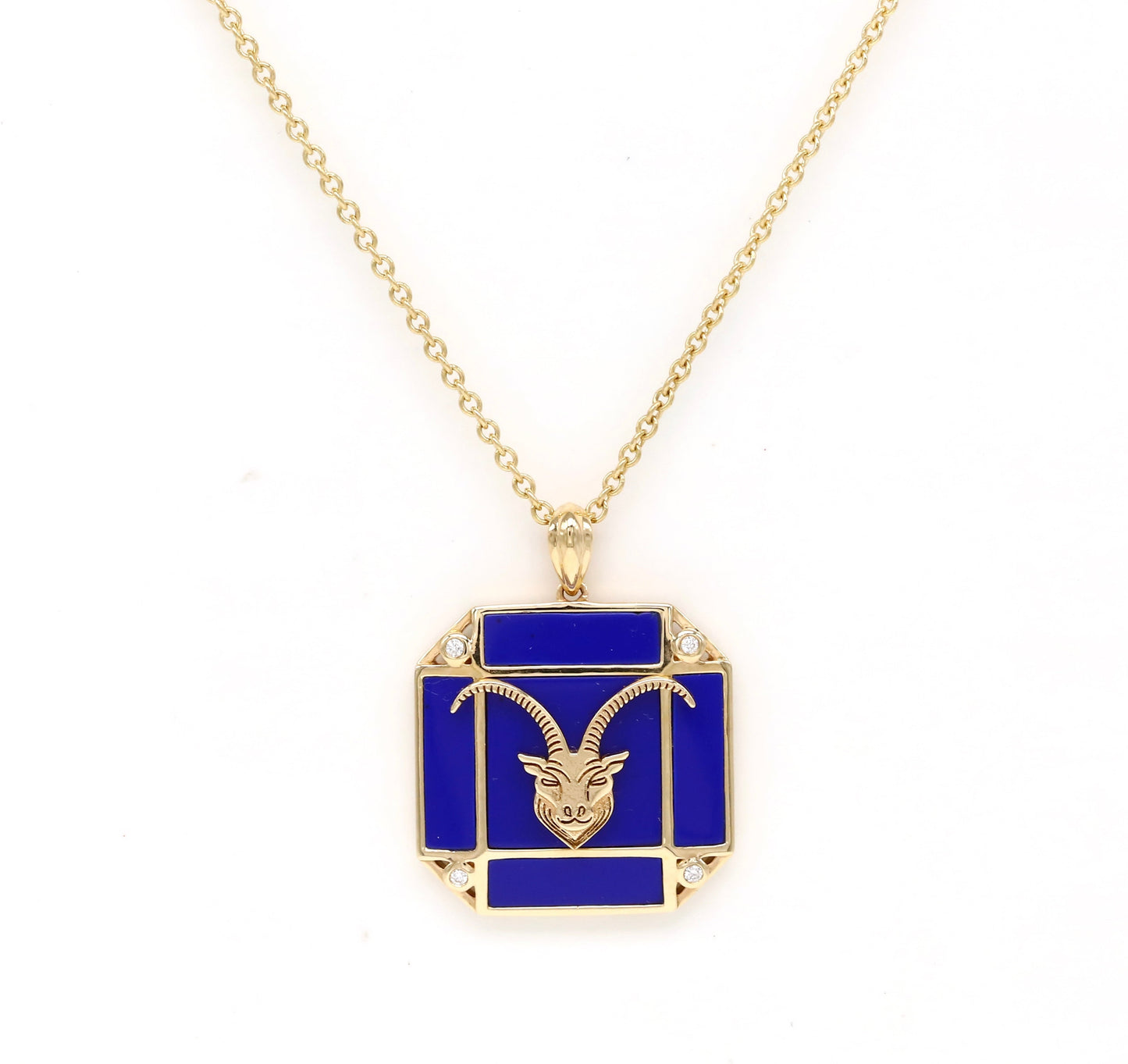 14K Gold Lapis & Diamond Capricorn Horoscope Square Pendant Necklace