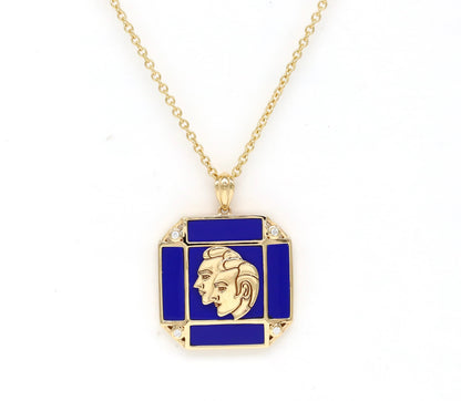 14K Gold Lapis & Diamond Gemini Horoscope Square Pendant Necklace