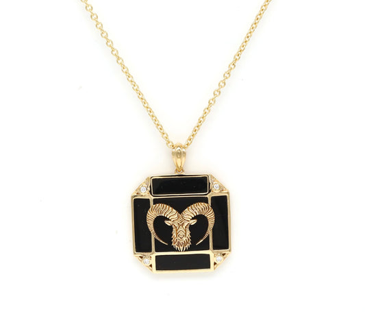 14K Gold Onyx & Diamond Aries Horoscope Square Pendant Necklace