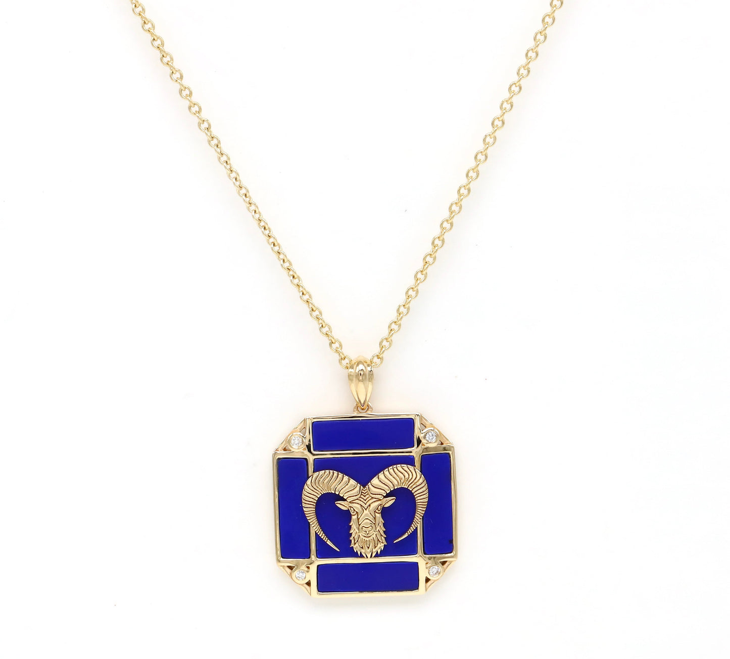 14K Gold Lapis & Diamond Aries Horoscope Square Pendant Necklace