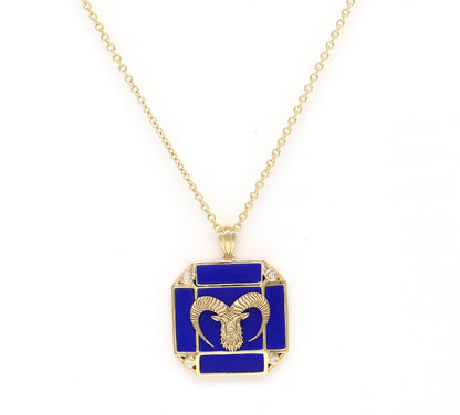 14K Gold Lapis & Diamond Aries Horoscope Square Pendant Necklace