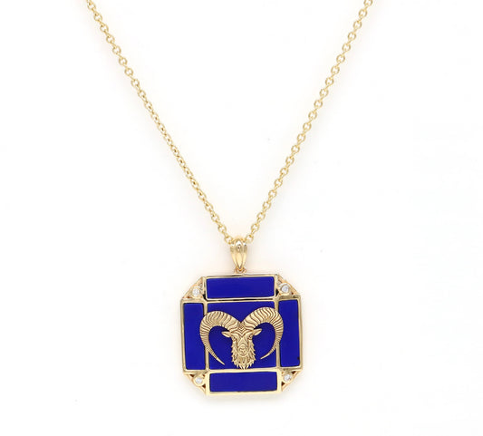 14K Gold Lapis & Diamond Aries Horoscope Square Pendant Necklace