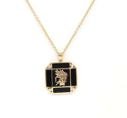 14K Gold Onyx & Diamond Virgo Horoscope Square Pendant Necklace