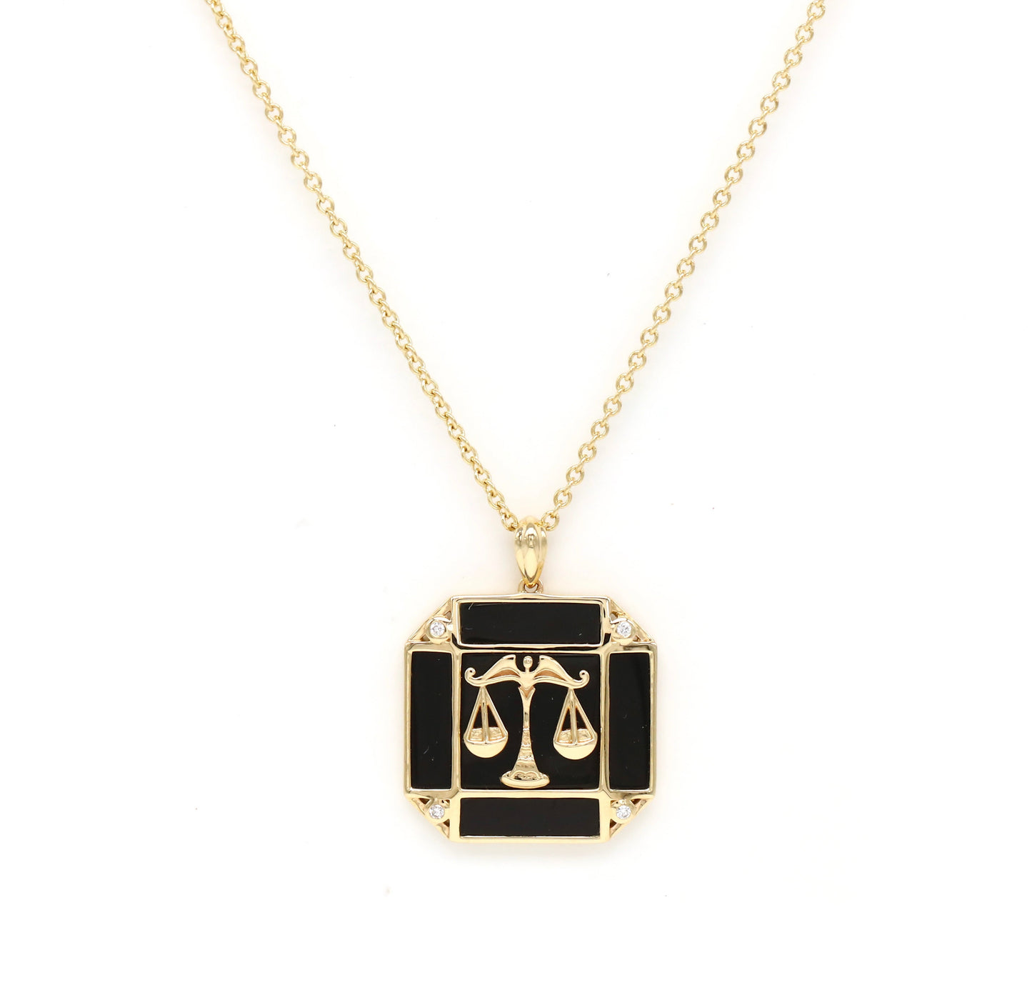 14K Gold Onyx & Diamond Libra Horoscope Square Pendant Necklace