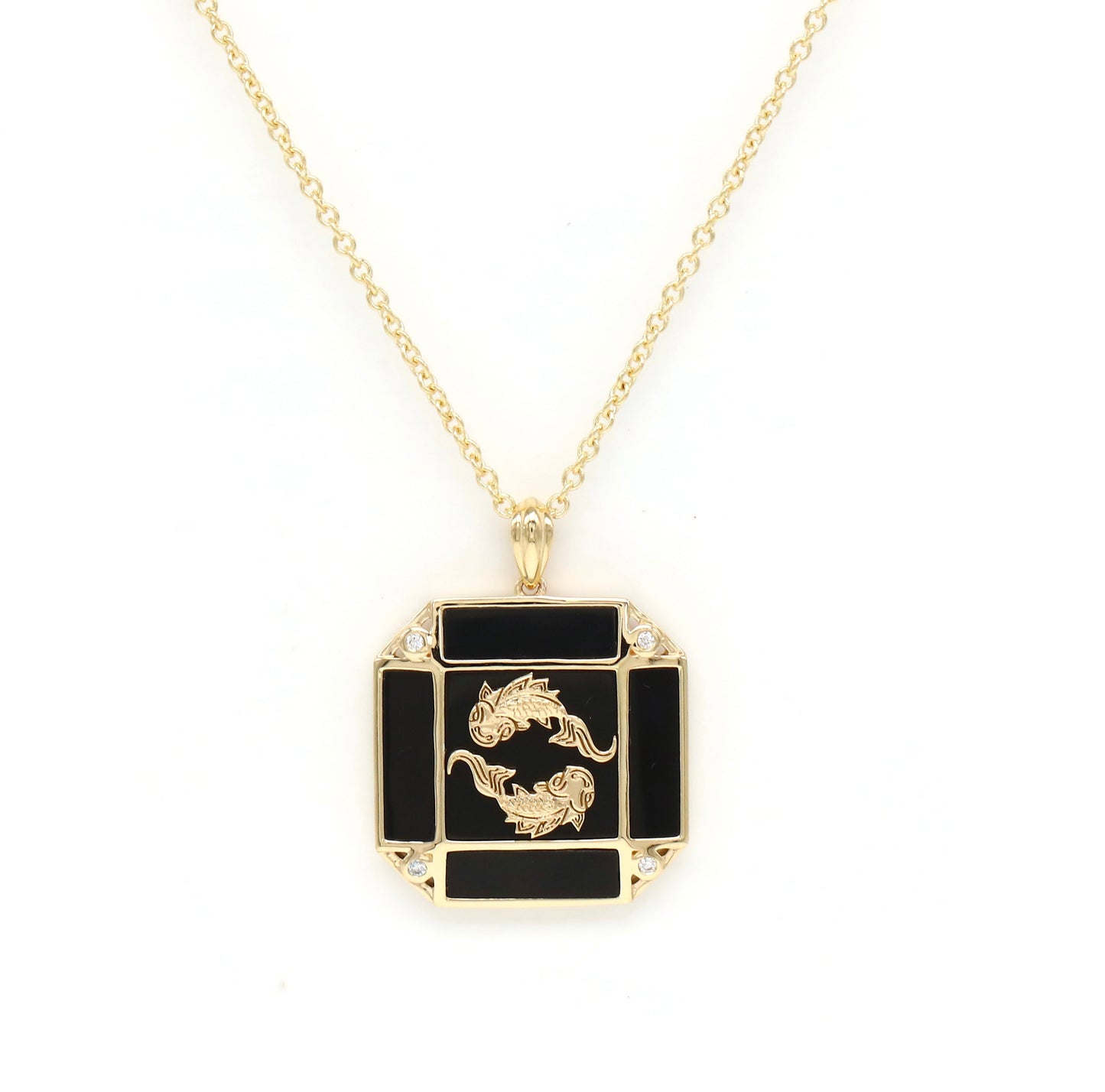 14K Gold Onyx & Diamond Pisces Horoscope Square Pendant Necklace