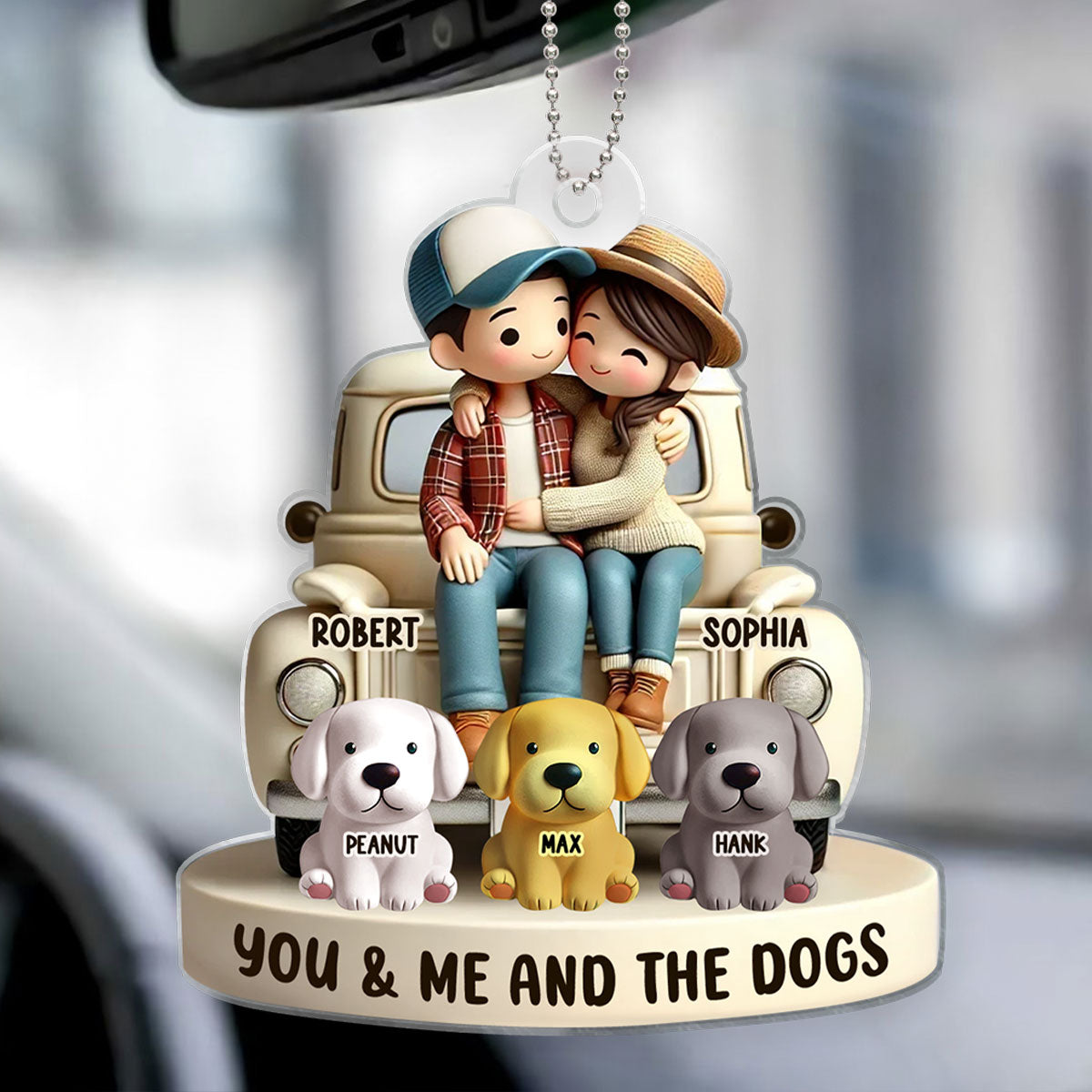 Couple On Truck You Me And The Dog Cats Personalized Acrylic Car Hanger Ornament, Heartfelt Gift For Couple, For Dog Lovers, Cat Lovers, Pet Lovers