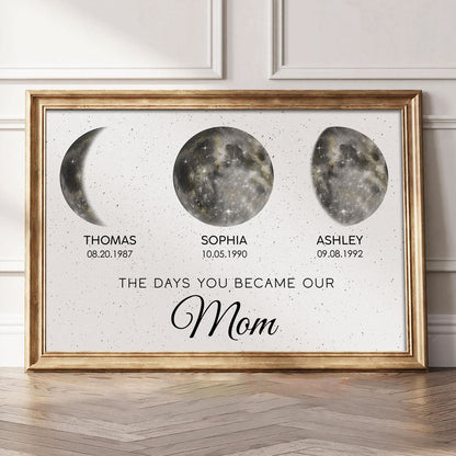 The Day You Became Mom Custom Birth Moon Phase Golden Dust Personalized Poster, Heartfelt 2025 Mother's Day Gift For Mom