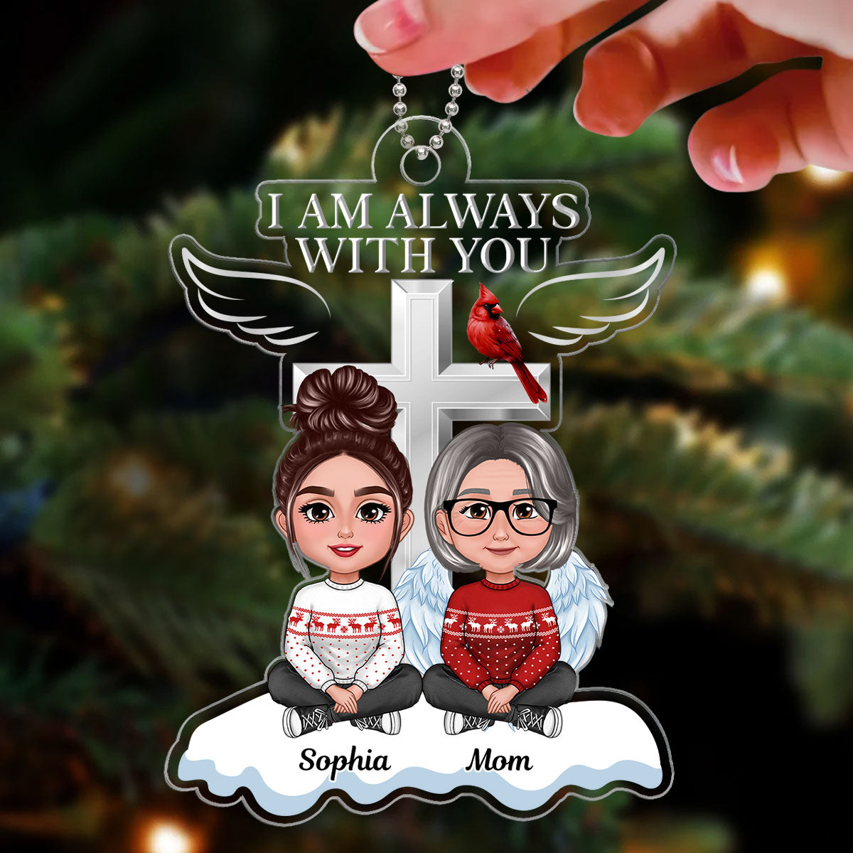 Always With You Cross Sitting Front View Family Memorial Keepsake Personalized Acrylic Ornament