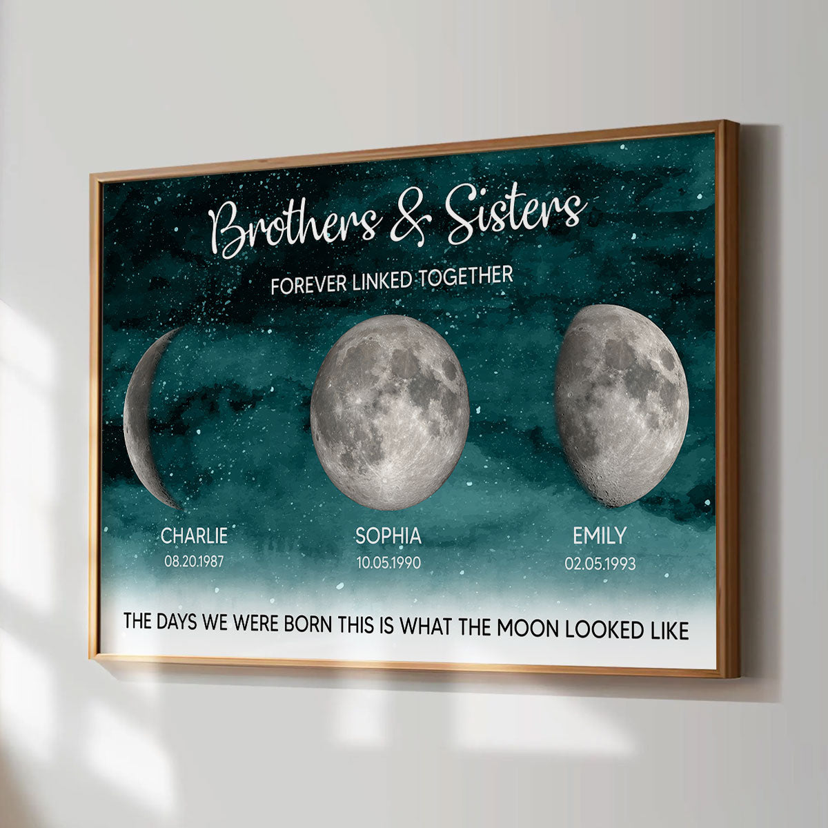 Starry Night Brothers & Sisters Forever Linked Together Custom Birthday Moon Phase Personalized Poster