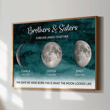 Starry Night Brothers & Sisters Forever Linked Together Custom Birthday Moon Phase Personalized Poster