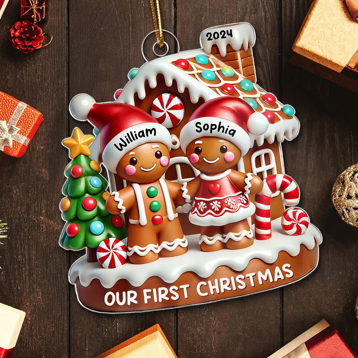 Gingerbread Couple Gingerbread House Polished 3D Effect Personalized Acrylic Ornament