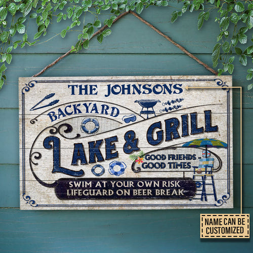 Lake Grilling Backyard At Your Own Risk Custom Wood Rectangle Sign
