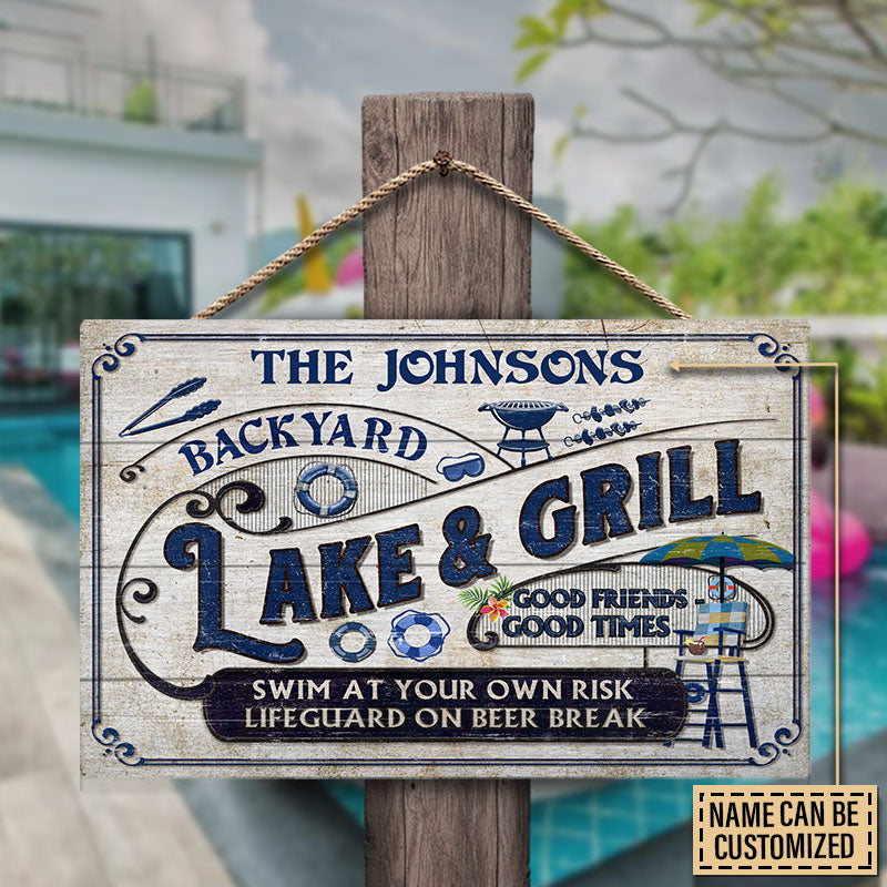 Lake Grilling Backyard At Your Own Risk Custom Wood Rectangle Sign