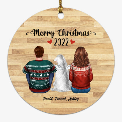 Couple & Dog Back View Memorial Wood Effect Personalized Circle Ornament