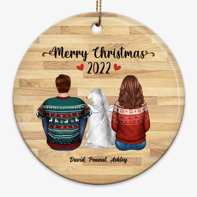 Couple & Dog Back View Memorial Wood Effect Personalized Circle Ornament