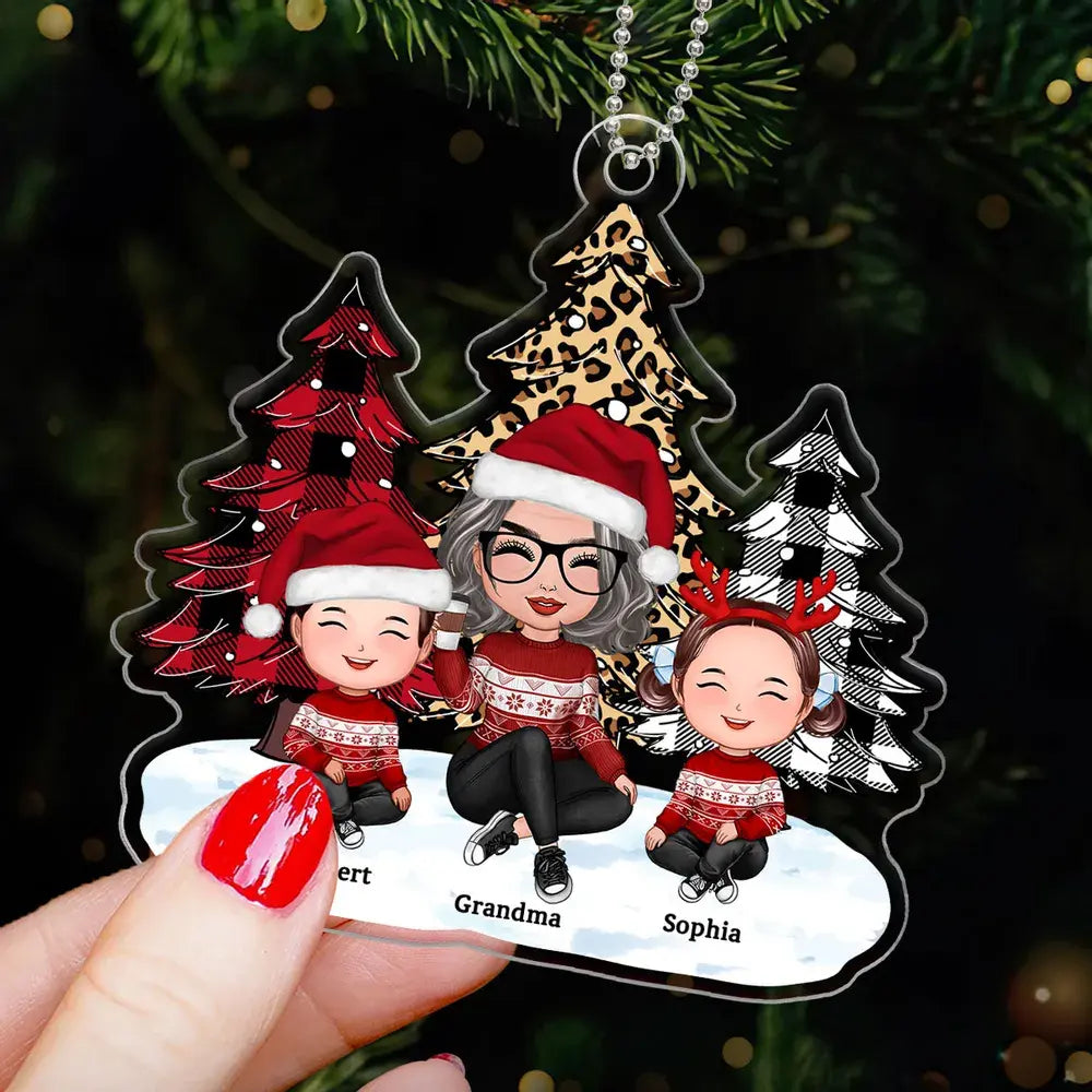 Leopard Checkered Pattern Christmas Tree Grandma Grandkids Happy Face Personalized Acrylic Ornament ornament The Next Custom Gift