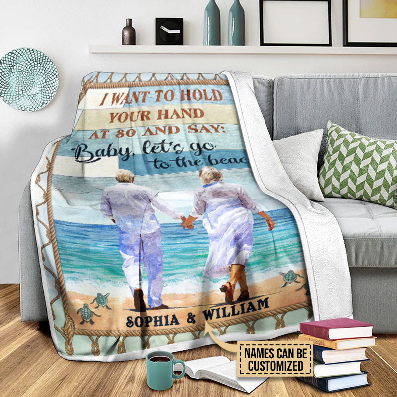 Let's Go To The Beach, Old Couple, Couple Gift, Custom Blanket