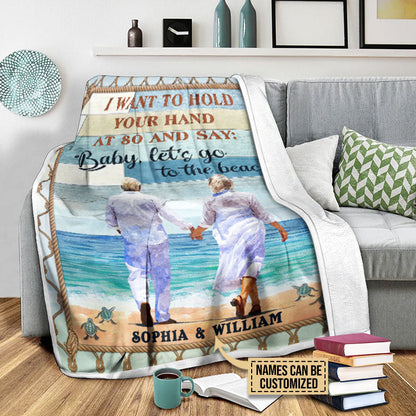 Let's Go To The Beach, Old Couple, Couple Gift, Custom Blanket