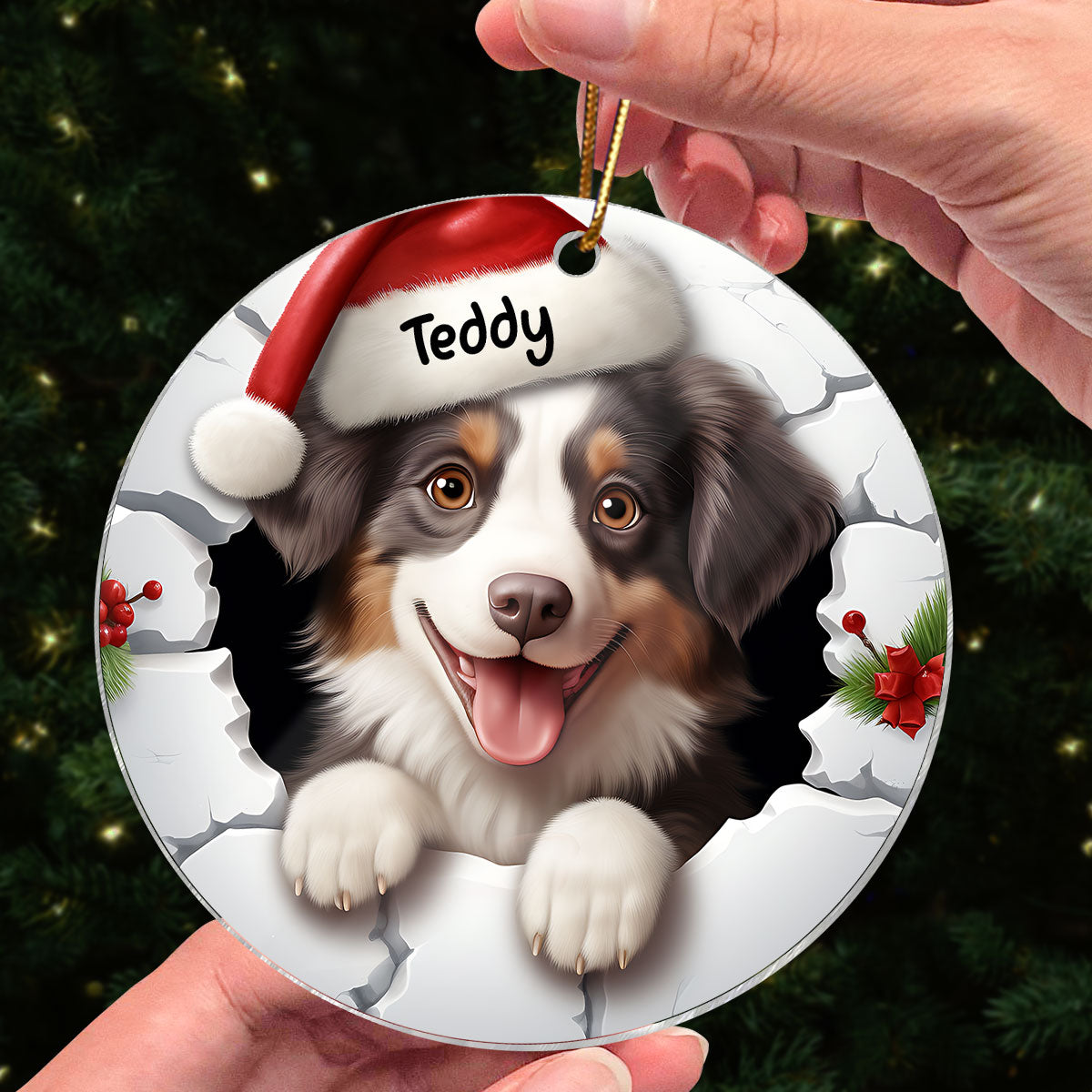 Dog Breaking Through Funny Christmas Personalized Acrylic Ornament