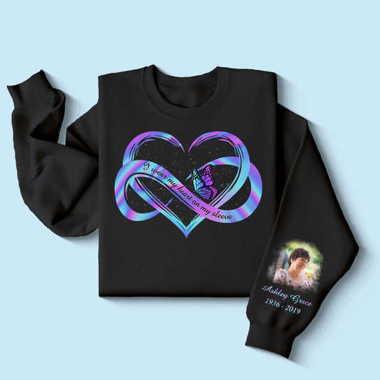 I Wear My Heart On My Sleeve Memorial, Sympathy Gift, Personalized Sleeve Printed Sweatshirt