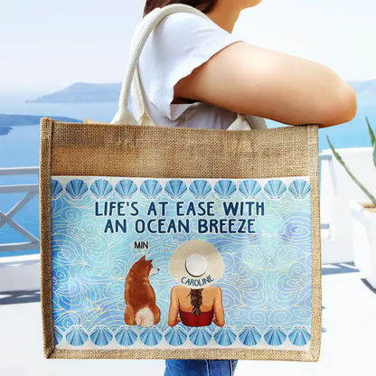 Life's At Ease With An Ocean Breeze Dog Cat Lover - Personalized Jute Tote Bag