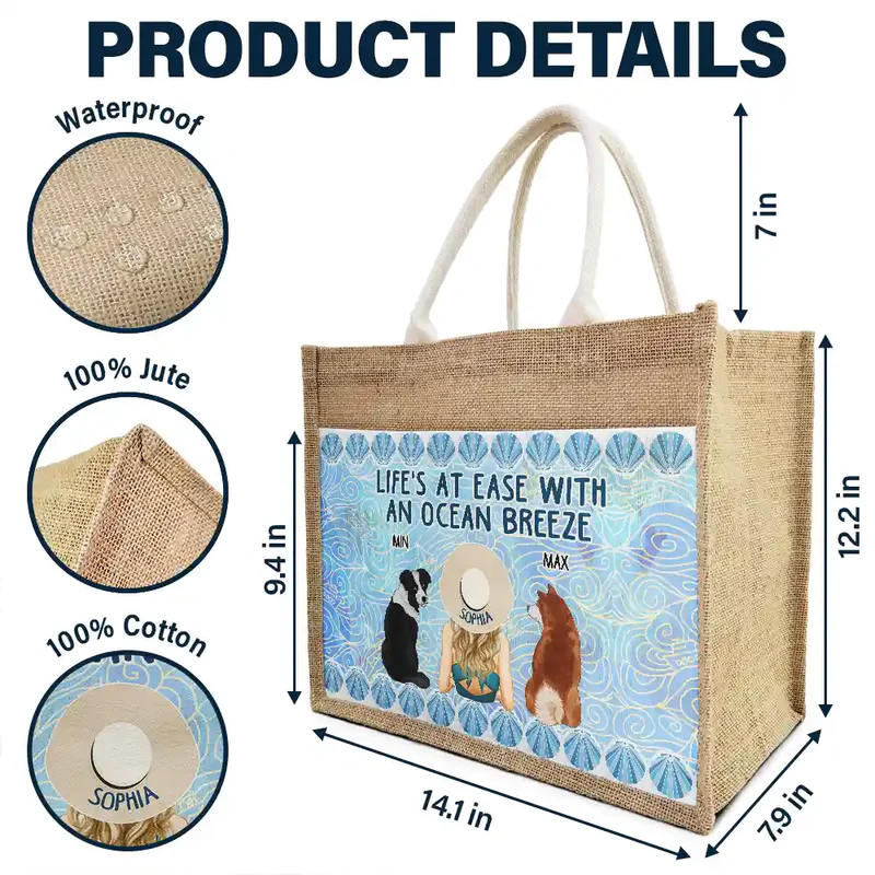 Life's At Ease With An Ocean Breeze Dog Cat Lover - Personalized Jute Tote Bag