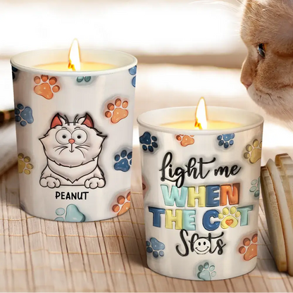 Light Me When The Cat Poop - 3D Inflated Effect Printed Candle, Personalized Scented Candle With Wooden Lid Glass Can The Next Custom Gift